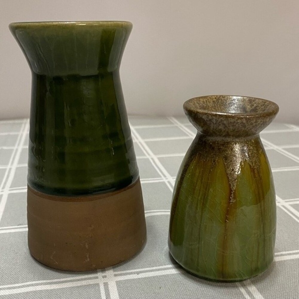 Pottery Vases Green Brown Glaze Shelf Decor Accent Floral Flower Bud Vase